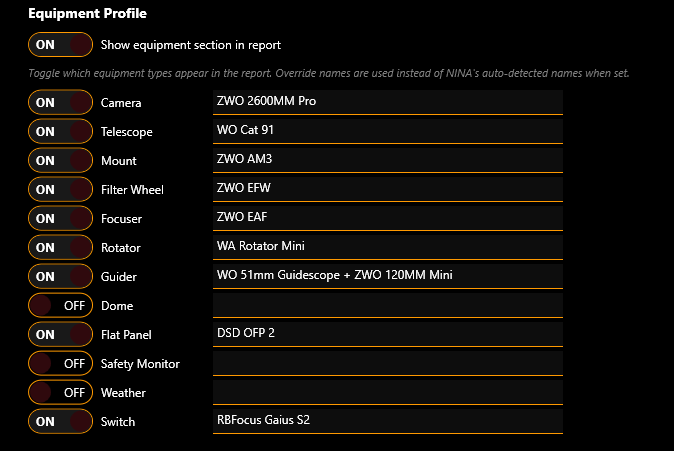Equipment Profile Settings