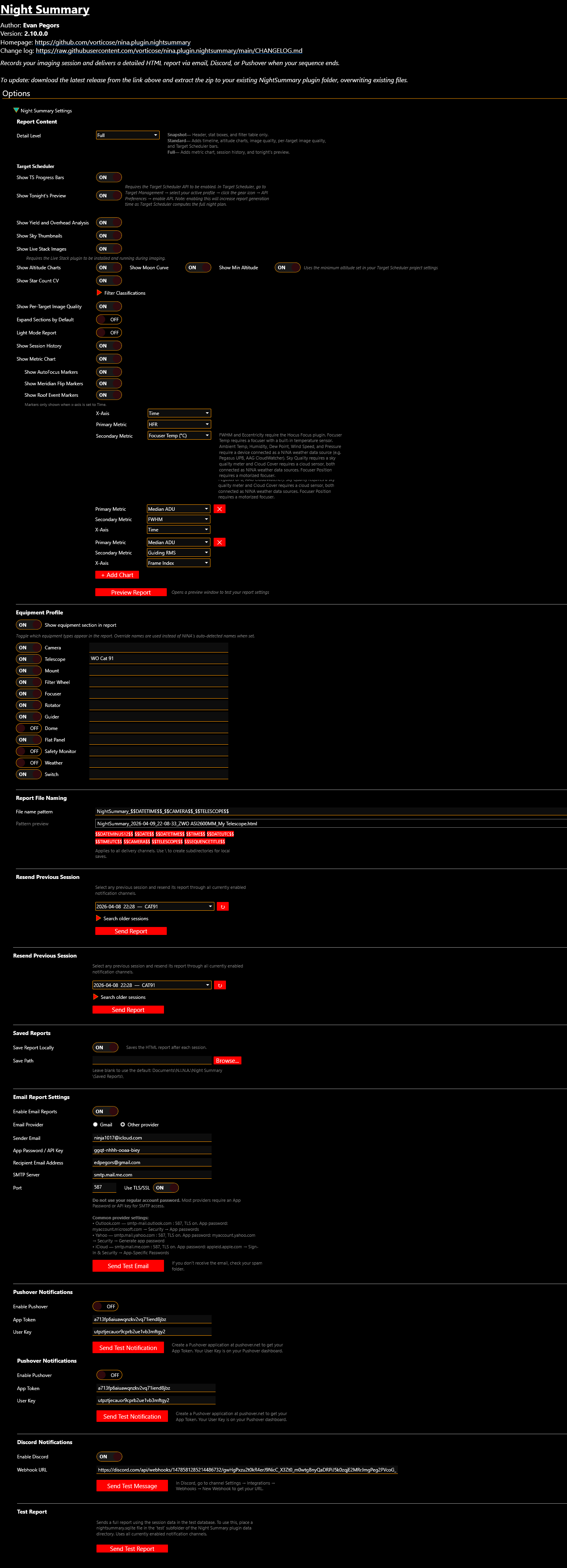 Night Summary Settings Page