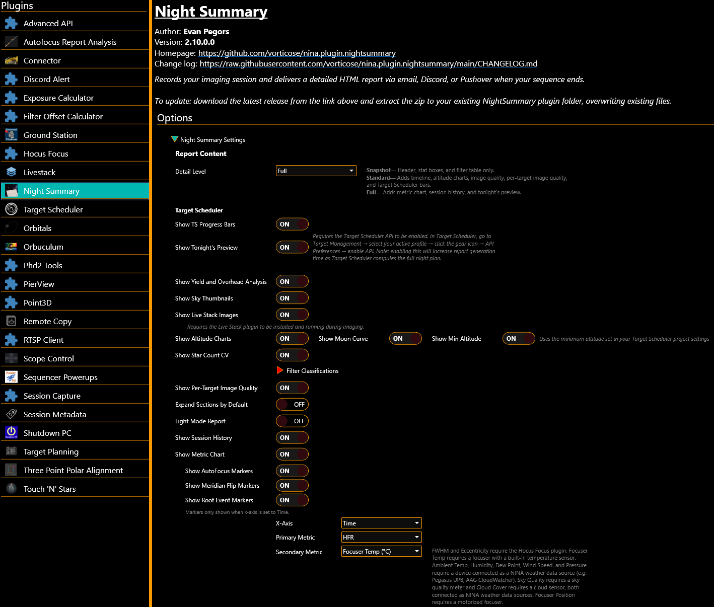 Night Summary Settings